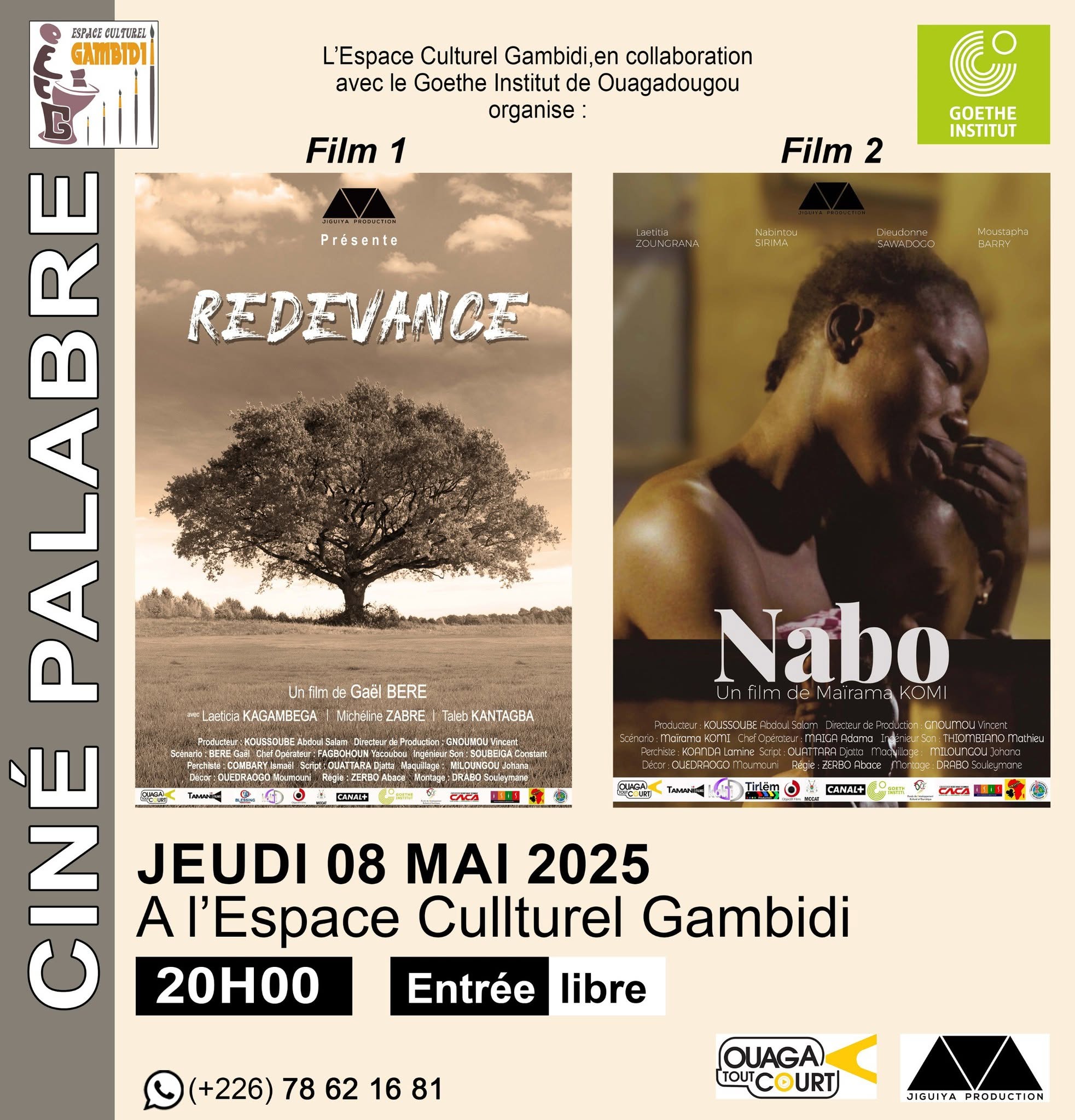 Projection de deux (2) de ses courts-métrages dans le cadre du programme CINÉ PALABRE. Un programme de l' Espace Culturel Gambidi et le Goethe-Institut Burkina Faso. 