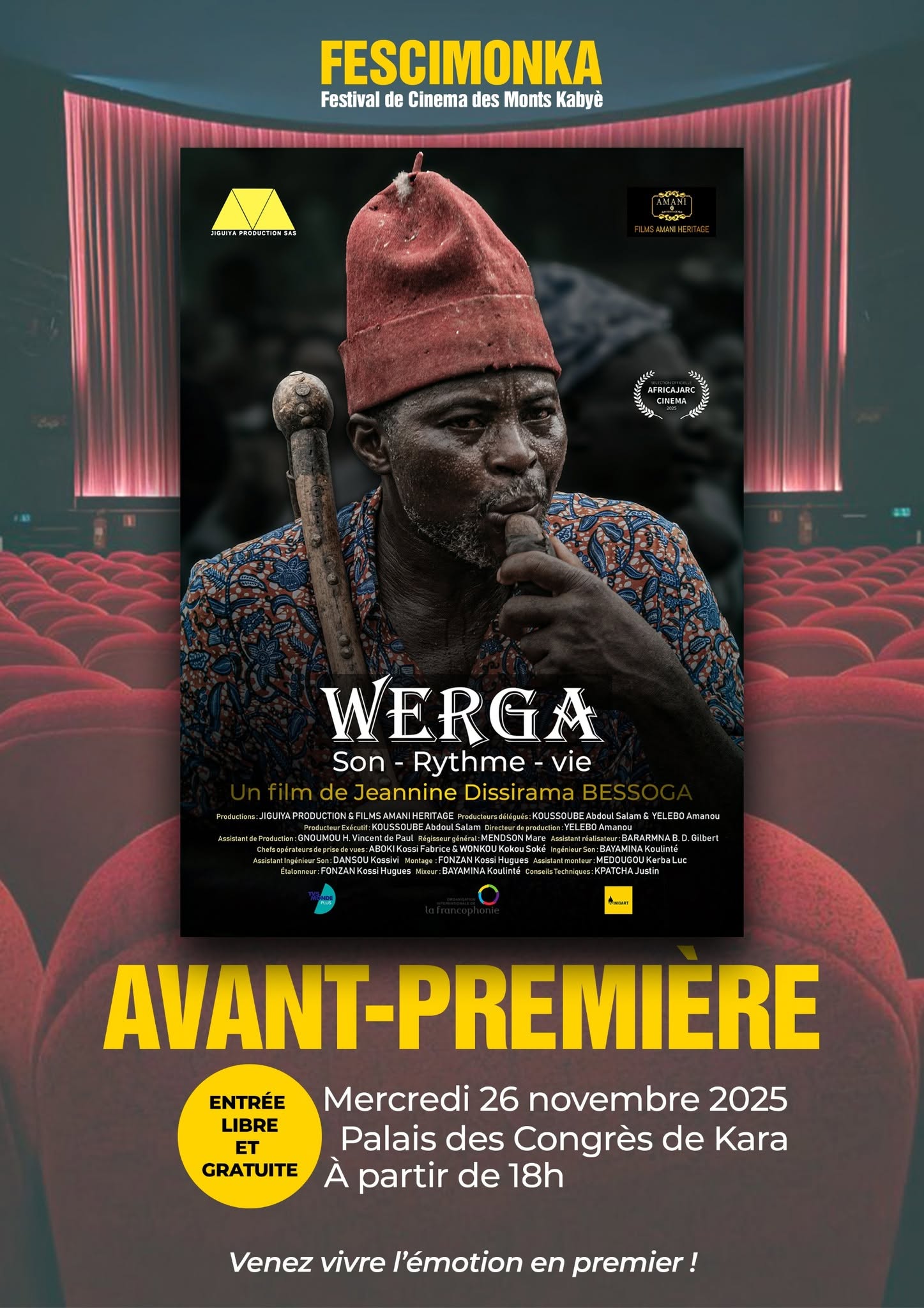 Le film documentaire « WERGA, SON RH𝐘TME 𝐕IE» au Palais des congrès de Kara dans le cadre du @Festival De Cinéma Des Monts Kabye , FESCIMONKA au Togo. 